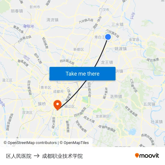 区人民医院 to 成都职业技术学院 map