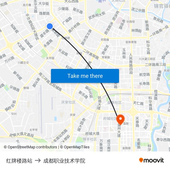 红牌楼路站 to 成都职业技术学院 map