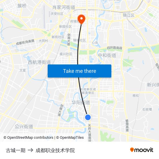 古城一期 to 成都职业技术学院 map