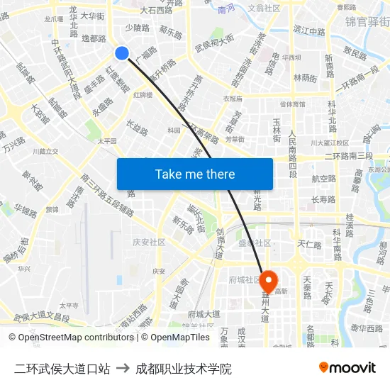 二环武侯大道口站 to 成都职业技术学院 map