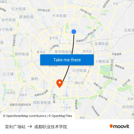 雷剑广场站 to 成都职业技术学院 map