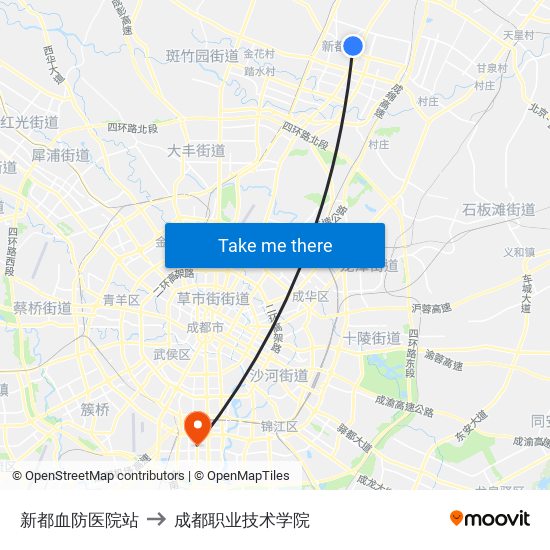 新都血防医院站 to 成都职业技术学院 map