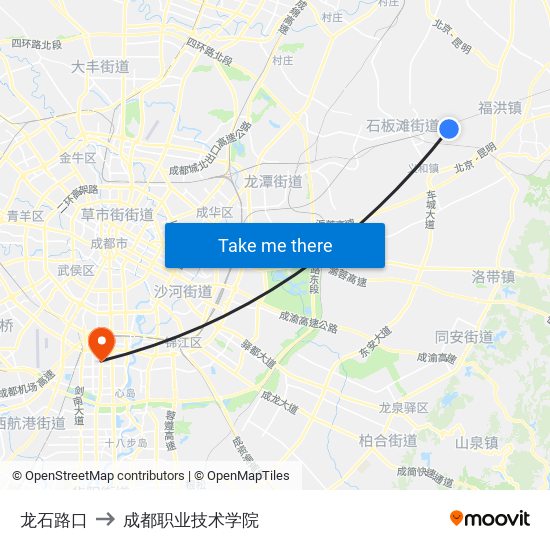 龙石路口 to 成都职业技术学院 map