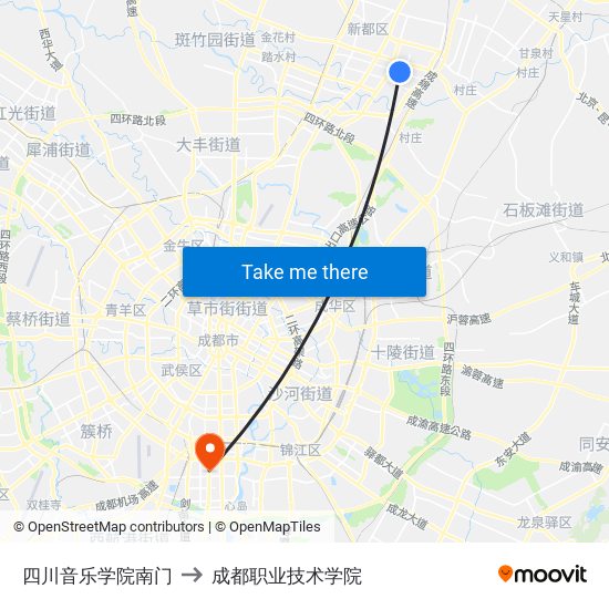 四川音乐学院南门 to 成都职业技术学院 map