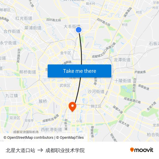 北星大道口站 to 成都职业技术学院 map