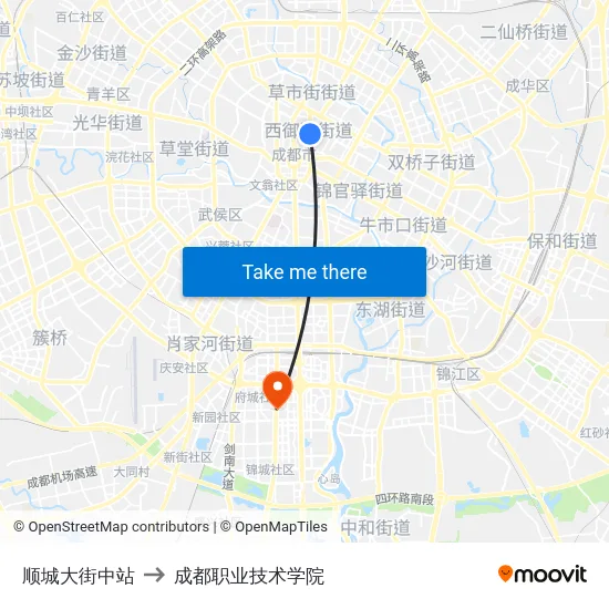 顺城大街中站 to 成都职业技术学院 map