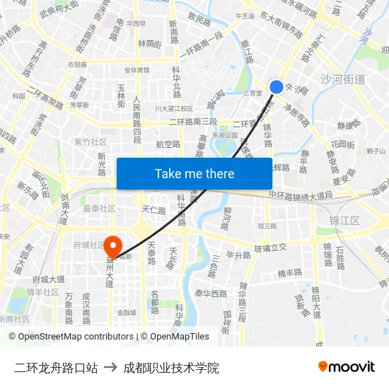 二环龙舟路口站 to 成都职业技术学院 map