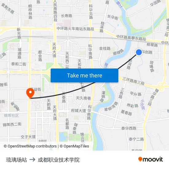 琉璃场站 to 成都职业技术学院 map