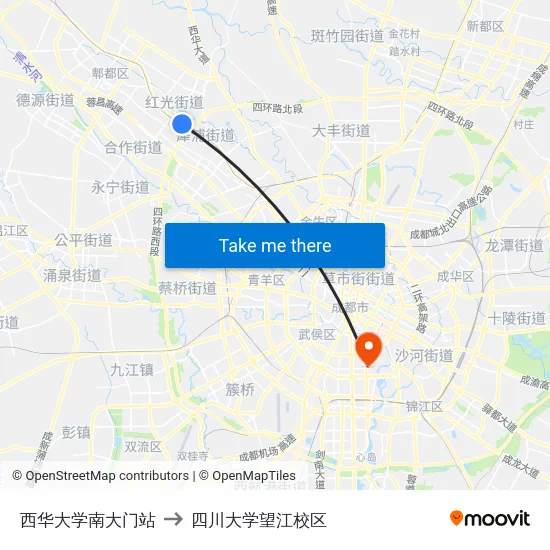 西华大学南大门站 to 四川大学望江校区 map