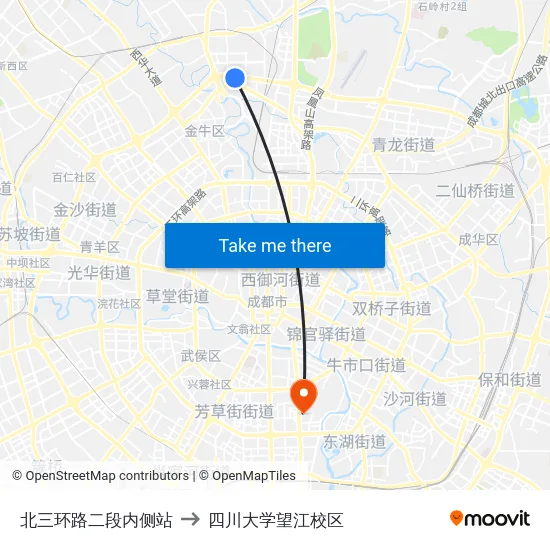 北三环路二段内侧站 to 四川大学望江校区 map