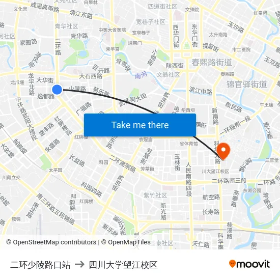 二环少陵路口站 to 四川大学望江校区 map