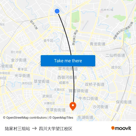 陆家村三组站 to 四川大学望江校区 map