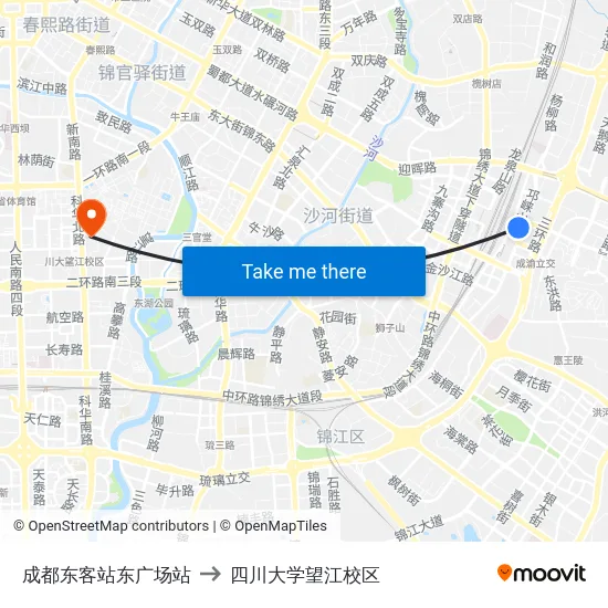 成都东客站东广场站 to 四川大学望江校区 map