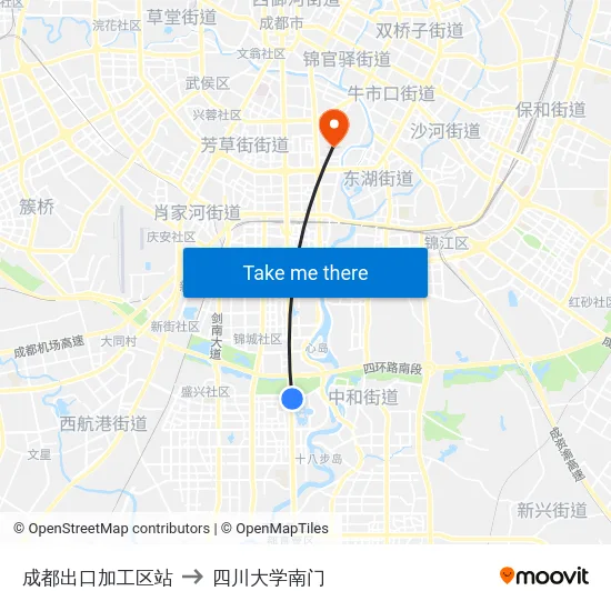 成都出口加工区站 to 四川大学南门 map