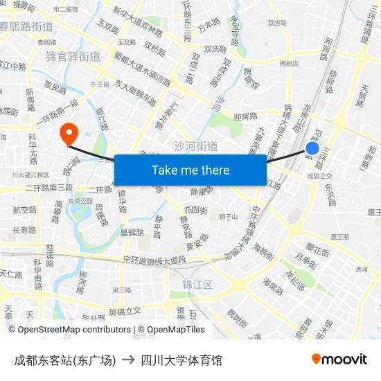 成都东客站(东广场) to 四川大学体育馆 map