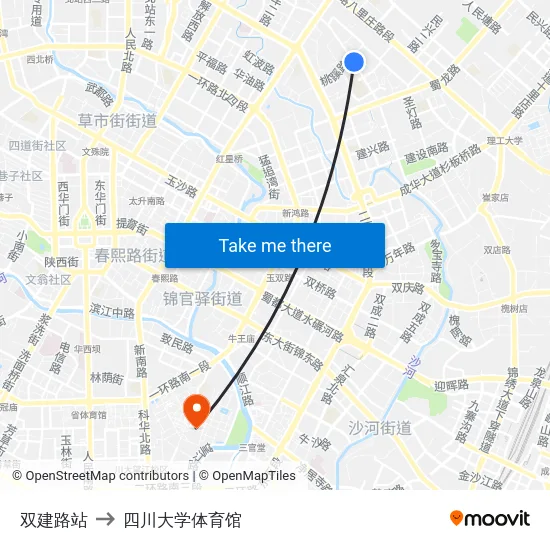 双建路站 to 四川大学体育馆 map