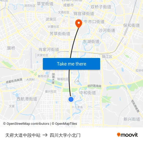 天府大道中段中站 to 四川大学小北门 map