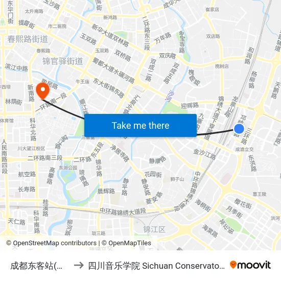 成都东客站(东广场) to 四川音乐学院 Sichuan Conservatory of Music map