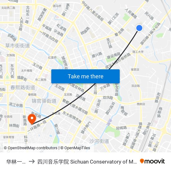 华林一路 to 四川音乐学院 Sichuan Conservatory of Music map