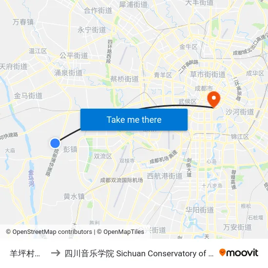 羊坪村四组 to 四川音乐学院 Sichuan Conservatory of Music map