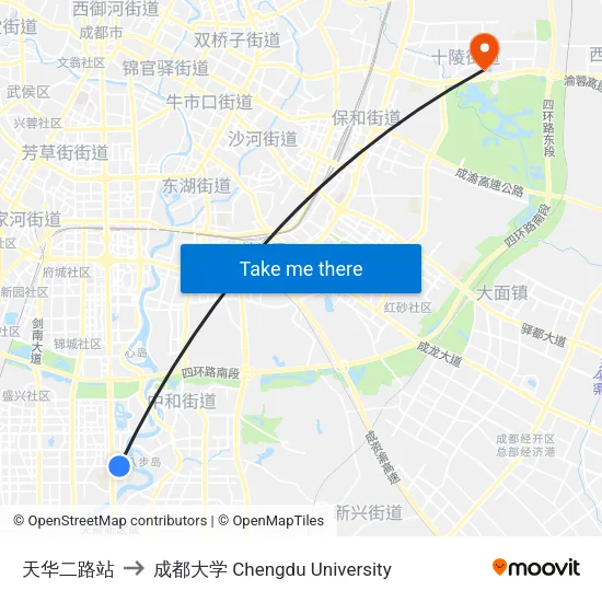 天华二路站 to 成都大学 Chengdu University map