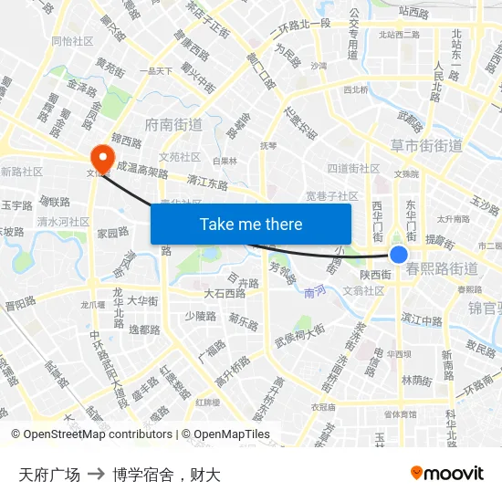 天府广场 to 博学宿舍，财大 map