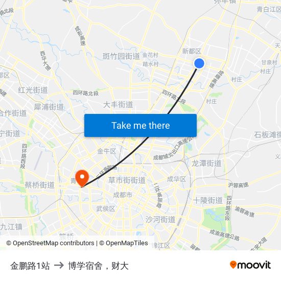 金鹏路1站 to 博学宿舍，财大 map