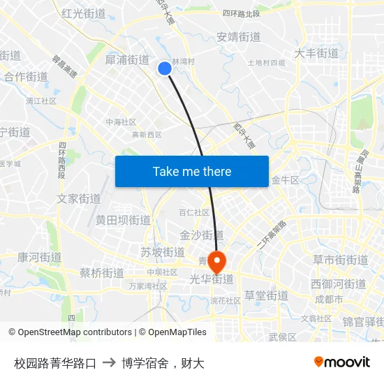 校园路菁华路口 to 博学宿舍，财大 map