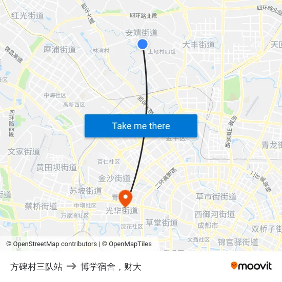 方碑村三队站 to 博学宿舍，财大 map