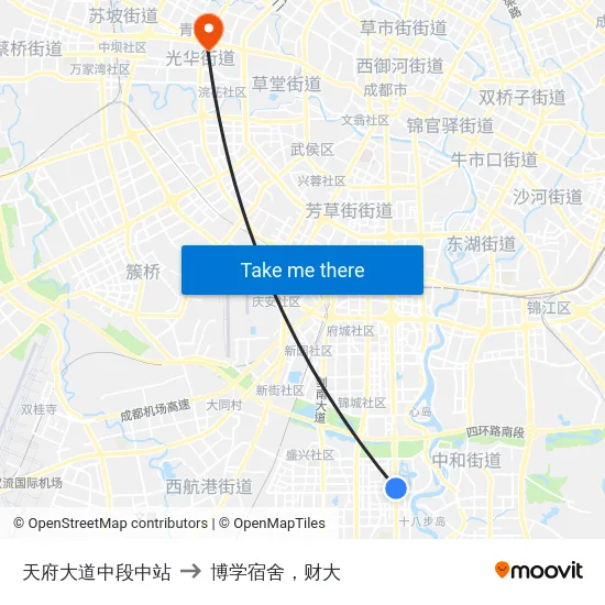 天府大道中段中站 to 博学宿舍，财大 map