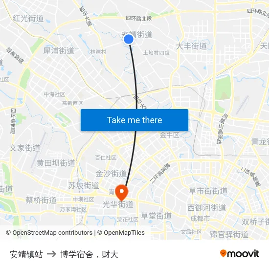 安靖镇站 to 博学宿舍，财大 map
