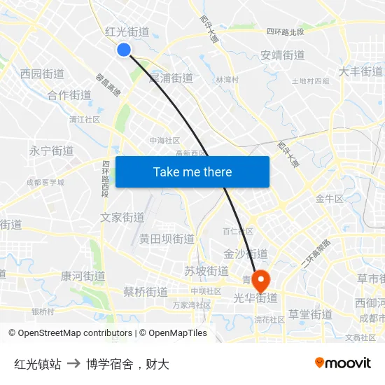 红光镇站 to 博学宿舍，财大 map