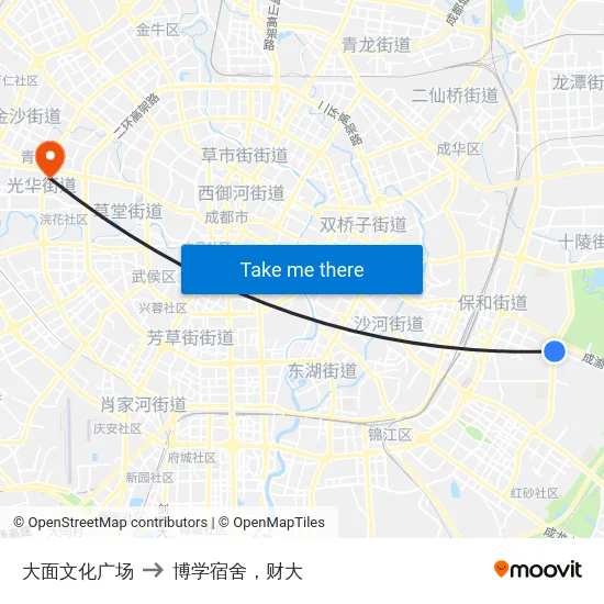 大面文化广场 to 博学宿舍，财大 map