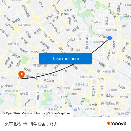 火车北站 to 博学宿舍，财大 map