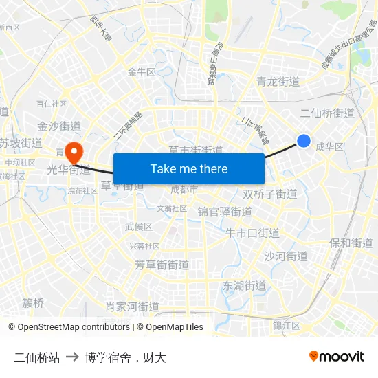 二仙桥站 to 博学宿舍，财大 map