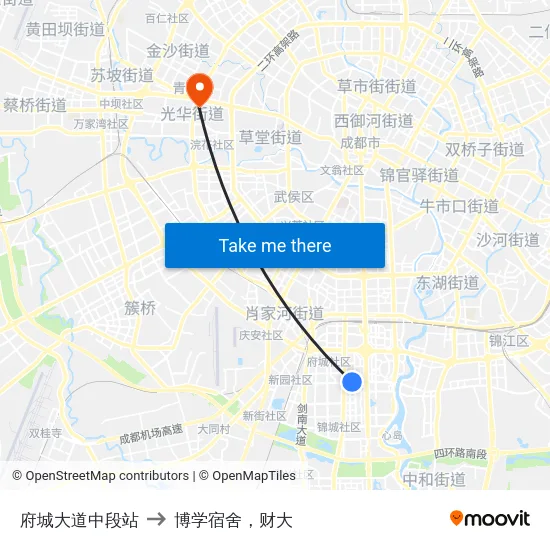 府城大道中段站 to 博学宿舍，财大 map