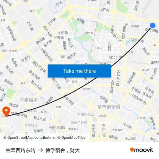 荆翠西路东站 to 博学宿舍，财大 map