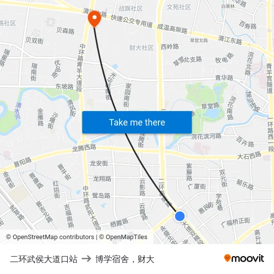 二环武侯大道口站 to 博学宿舍，财大 map