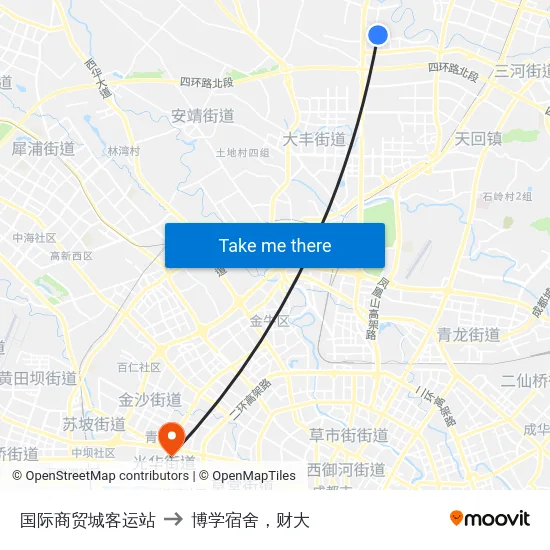 国际商贸城客运站 to 博学宿舍，财大 map