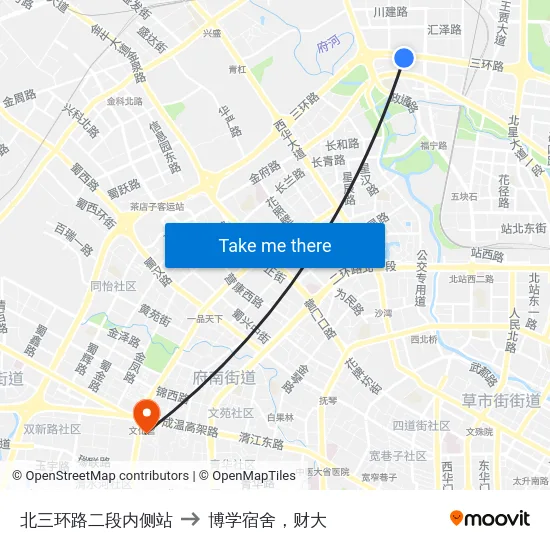 北三环路二段内侧站 to 博学宿舍，财大 map