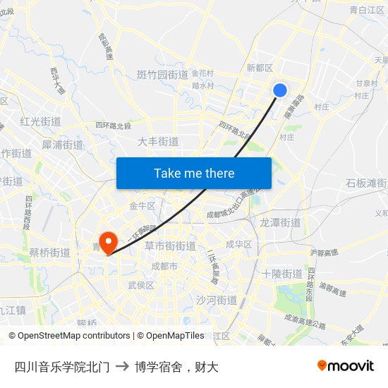 四川音乐学院北门 to 博学宿舍，财大 map