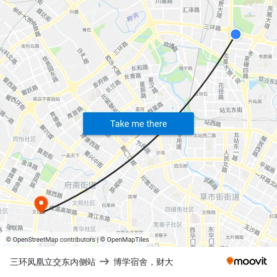 三环凤凰立交东内侧站 to 博学宿舍，财大 map