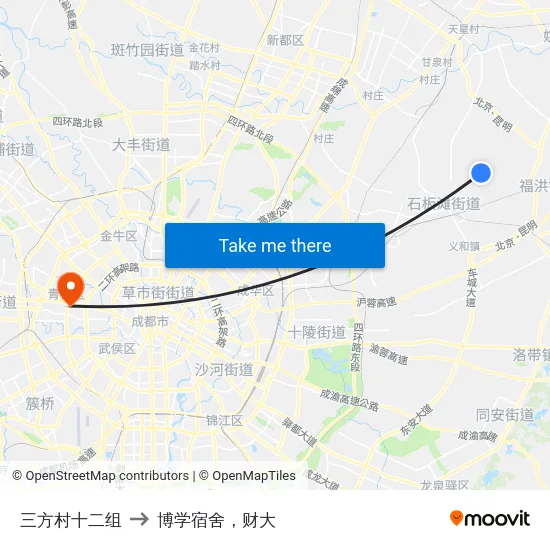 三方村十二组 to 博学宿舍，财大 map