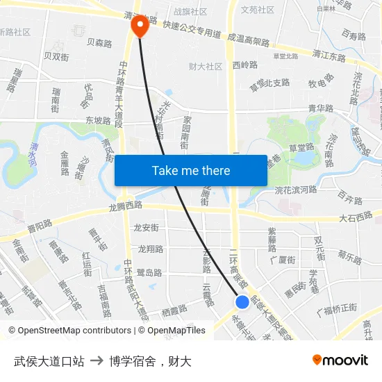 武侯大道口站 to 博学宿舍，财大 map
