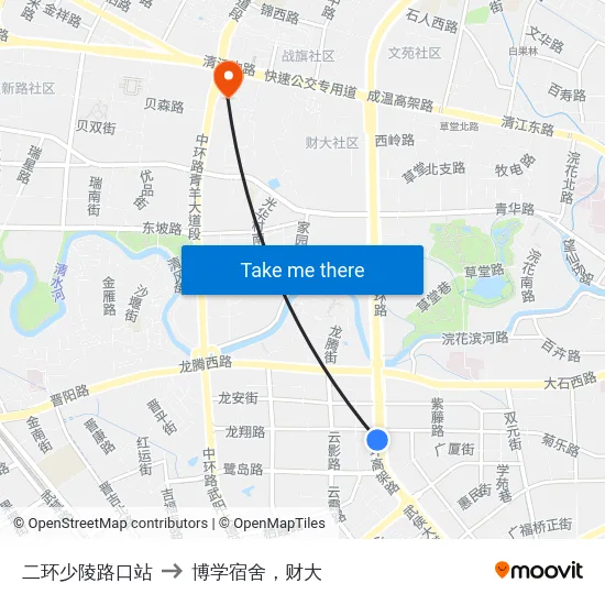 二环少陵路口站 to 博学宿舍，财大 map