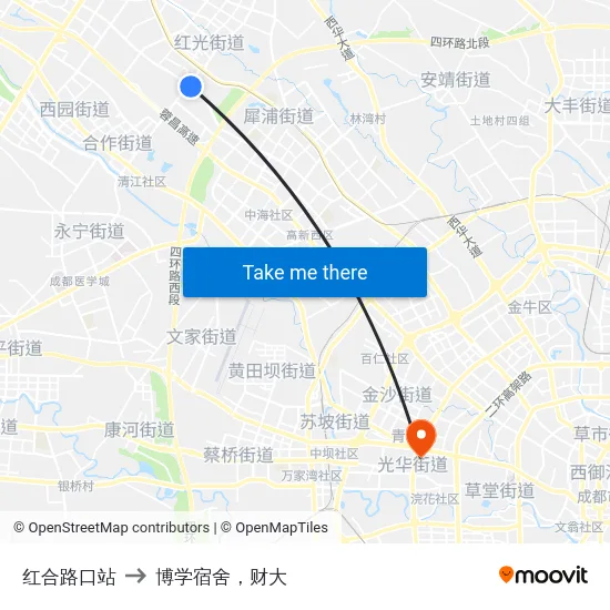 红合路口站 to 博学宿舍，财大 map
