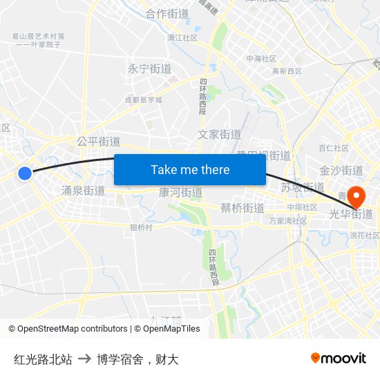 红光路北站 to 博学宿舍，财大 map