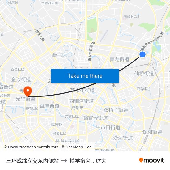 三环成绵立交东内侧站 to 博学宿舍，财大 map