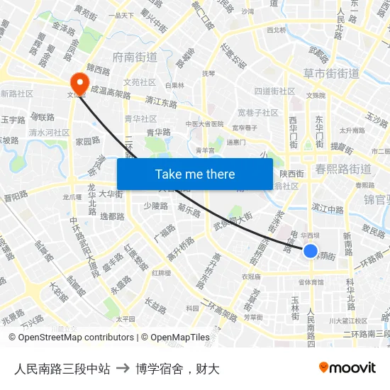 人民南路三段中站 to 博学宿舍，财大 map