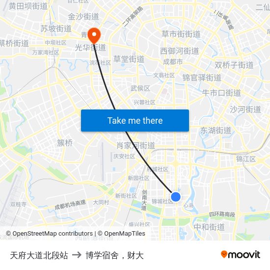 天府大道北段站 to 博学宿舍，财大 map